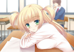 Rule 34 | 1girl, blazer, blonde hair, blurry, blush, breast rest, breasts, brown hair, chair, collaboration, collared shirt, colorized, depth of field, desk, dokuron, eyebrows, green eyes, hand on own chin, indoors, jacket, large breasts, long hair, long sleeves, looking at viewer, mashiro3264, necktie, original, paper, pink necktie, school, school desk, shirt, sidelocks, smile, solo focus, two side up, very long hair, white shirt, window