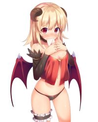Rule 34 | 1girl, babydoll, black panties, black sleeves, blonde hair, blush, bow, bow panties, breasts, bridal garter, brown horns, cleavage, commentary request, covering own mouth, cowboy shot, curled horns, demon girl, demon wings, detached sleeves, embarrassed, gameplay mechanics, horns, letter, long hair, looking at viewer, love letter, medium breasts, navel, panties, ragnarok online, red babydoll, red bow, red eyes, red wings, simple background, solo, succubus (ragnarok online), supershiruco, underwear, white background, wings