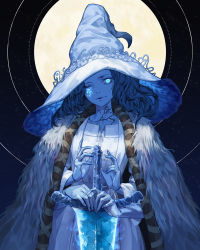 Rule 34 | 1girl, blue eyes, blue hair, blue skin, blue theme, cloak, colored skin, cracked skin, dress, elden ring, extra arms, fur cloak, hat, highres, jewelry, jiro (ninetysix), long hair, looking at viewer, moon, moonlight greatsword, one eye closed, ranni the witch, ring, solo, spoilers, star (symbol), starry background, sword, upper body, weapon, witch hat