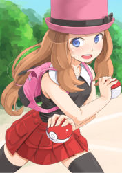 Rule 34 | 10s, 1girl, alternate color, backpack, bag, bangle, bare shoulders, black thighhighs, blue eyes, blush, bracelet, breasts, brown hair, collarbone, cowboy shot, creatures (company), fingernails, forest, game freak, hair bun, hair ornament, handbag, happy, hat, hip focus, holding, holding poke ball, jewelry, knees, legs, letterboxed, light brown hair, long hair, looking at viewer, miniskirt, miri (ago550421), nature, nintendo, open mouth, parted bangs, pleated skirt, poke ball, poke ball (basic), pokemon, pokemon (anime), pokemon xy, ponytail, serena (pokemon), shirt, skirt, sky, sleeveless, sleeveless shirt, small breasts, smile, solo, spread legs, teeth, thighhighs, tongue, zettai ryouiki