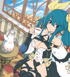 Rule 34 | 1girl, angel wings, arc system works, asymmetrical wings, bare shoulders, blue hair, breasts, cleavage, cup, dizzy (guilty gear), guilty gear, hair between eyes, hair ribbon, hair rings, highres, holding, holding cup, large breasts, long hair, mariebell, mature female, revealing clothes, ribbon, sitting, solo, tea, teacup, thigh strap, thighhighs, thighs, twintails, window, wings