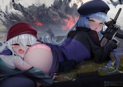 Rule 34 | 2girls, aircraft, animal print, annoyed, ass, assault rifle, blush, bullpup, caseless firearm, closed eyes, clothes lift, crying, explosion, face in ass, g11 (girls&#039; frontline), gdat, girls&#039; frontline, green eyes, grey hair, gun, h&amp;k g11, h&amp;k hk416, head on ass, helicopter, hk416 (girls&#039; frontline), holding, holding gun, holding weapon, hug, hug from behind, long hair, looking at another, lying, multiple girls, on stomach, panties, pantyshot, pleated skirt, print panties, rifle, scarf on head, skirt, skirt lift, suppressor, teardrop, teardrop facial mark, teardrop tattoo, tears, trigger discipline, underwear, weapon, white panties