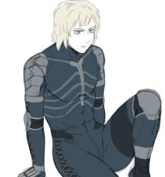 Rule 34 | 1boy, abs, androgynous, blonde hair, blue eyes, bodysuit, elbow pads, flat color, jitome, knee up, male focus, metal gear (series), metal gear solid 2: sons of liberty, moroto, muscular, raiden (metal gear), simple background, sitting, solo, thighs, turtleneck, white background