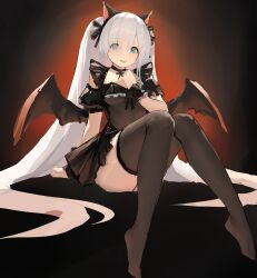 Rule 34 | 1girl, absurdres, animal ears, aqua eyes, arm support, azur lane, black dress, black hairband, black ribbon, black thighhighs, breasts, cat ears, choker, demon wings, detached sleeves, dress, fake animal ears, fake wings, fine fabric emphasis, grey hair, hair ribbon, hairband, halloween costume, head tilt, highres, janus (azur lane), janus (fright-night scaredy-cat) (azur lane), knees together feet apart, knees up, light blush, long hair, looking at viewer, lump saury, no shoes, official alternate costume, open mouth, puffy short sleeves, puffy sleeves, ribbon, ribbon choker, short sleeves, sitting, sketch, small breasts, smile, solo, thighhighs, twintails, very long hair, wings