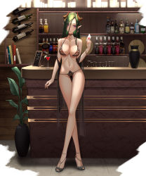 Rule 34 | 1girl, absurdres, alcohol, anming, bangle, bar (place), between breasts, black bra, black footwear, black panties, blush, bra, bracelet, breasts, card, chain, choker, crossed legs, earrings, full body, glass, gold chain, green hair, groin, hair between eyes, high heels, highres, holding, holding card, horns, jewelry, large breasts, long hair, looking at viewer, mole, mole under eye, navel, original, panties, parted bangs, parted lips, playing card, pointy ears, purple eyes, see-through, shawl, sidelocks, solo, stomach, thighs, thong, underwear, watson cross