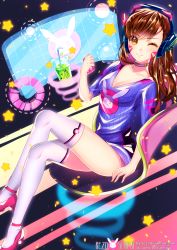 Rule 34 | 1girl, ;), adapted costume, animal print, artist name, breasts, brown eyes, brown hair, casual, cellphone, chair, choker, cleavage, collarbone, crossed legs, d.va (overwatch), drink, drinking straw, facepaint, facial mark, headphones, high heels, highres, holding, holographic interface, jewelry, long hair, looking at viewer, matching hair/eyes, medium breasts, one eye closed, overwatch, overwatch 1, pendant, phone, rabbit print, rezosempai, science fiction, shirt, short sleeves, signature, sitting, smartphone, smile, solo, star (symbol), swept bangs, thighhighs, v-neck, watermark, web address, whisker markings, white thighhighs