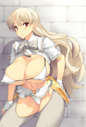 Rule 34 | 1girl, armor, blonde hair, blush, bow, bowtie, breasts, brick wall, covered erect nipples, faulds, fingerless gloves, gloves, grey thighhighs, heart, highres, huge breasts, long hair, looking at viewer, navel, open mouth, orange eyes, original, panties, solo, thighhighs, underwear, wavy hair, white gloves, white panties, yn red