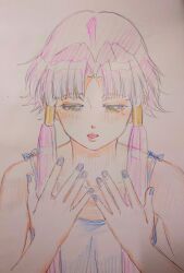 Rule 34 | 1girl, alternate costume, aria (manga), bare shoulders, blue nails, blue tank top, blush, collarbone, cwind, eyelashes, green eyes, hair tubes, hands up, highres, mizunashi akari, nail polish, open mouth, parted bangs, pink hair, short hair with long locks, simple background, solo, tank top, traditional media, upper body