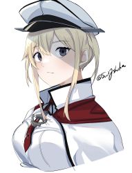 Rule 34 | 1girl, absurdres, bad id, bad twitter id, black eyes, blonde hair, breasts, capelet, closed mouth, cropped torso, cross, graf zeppelin (kancolle), hair between eyes, hat, highres, iron cross, kantai collection, one-hour drawing challenge, peaked cap, red neckwear, sidelocks, simple background, solo, sui (sui27shika), twintails, twitter username, upper body, white background