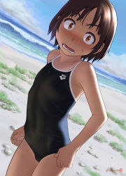 Rule 34 | 1girl, arena (company), beach, black one-piece swimsuit, blue sky, blush, bob cut, body freckles, brown eyes, brown hair, cloud, commentary request, competition school swimsuit, day, dutch angle, flat chest, freckles, logo, looking at viewer, mu-pyon, nose blush, one-piece swimsuit, open mouth, original, outdoors, school swimsuit, short hair, sky, solo, surprised, swimsuit