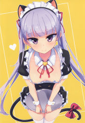 Rule 34 | 1girl, absurdres, animal ears, blush, breasts, cat ears, cat tail, closed mouth, downblouse, fake animal ears, feet out of frame, heart, highres, huge filesize, long hair, looking at viewer, looking up, maid, maid headdress, new game!, nipple slip, nipples, nitro (mugityaoisii), no bra, plate, purple eyes, purple hair, small breasts, smile, solo, standing, suzukaze aoba, tail, thighhighs, twintails, white thighhighs