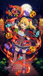Rule 34 | 10s, 1girl, :d, arm up, black gloves, black skirt, blonde hair, bow, breasts, brown thighhighs, capelet, cleavage, floating hair, frilled gloves, frilled skirt, frills, full body, full moon, gloves, hair bow, halloween, halloween costume, highres, jewelry, long hair, looking at viewer, medium breasts, miniskirt, moon, necklace, night, open mouth, owari no seraph, purple eyes, red bow, sanguu mitsuba, skirt, sky, smile, solo, standing, star (sky), starry sky, striped clothes, striped thighhighs, thighhighs, tree, twintails, vertical-striped clothes, vertical-striped thighhighs