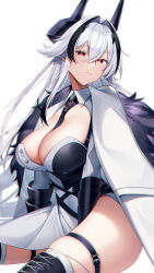 Rule 34 | 1girl, absurdres, asymmetrical clothes, asymmetrical coat, asymmetrical dress, azur lane, between legs, black hair, black straps, breasts, cleavage, cleavage cutout, clothing cutout, coat, cross-laced footwear, fur shawl, hair intakes, hand between legs, highres, kursk (azur lane), large breasts, long hair, multicolored hair, necktie, partially unbuttoned, seele0907, shawl, side slit, sitting, thigh strap, two-tone dress, two-tone hair, white background