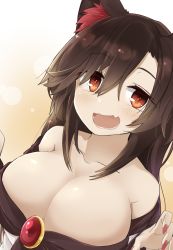 Rule 34 | 1girl, animal ear fluff, animal ears, bare shoulders, breasts, brooch, brown hair, cleavage, collarbone, dress, fang, fingernails, hair between eyes, highres, imaizumi kagerou, jewelry, large breasts, long fingernails, long hair, looking at viewer, nail polish, open mouth, red eyes, red nails, skin fang, smile, solo, touhou, tyouseki, upper body, wolf ears