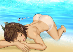 Rule 34 | 1girl, all fours, ass, beach, brown hair, commentary request, completely nude, closed eyes, hair ornament, hairclip, i-401 (kancolle), kantai collection, nude, ocean, open mouth, ponytail, short hair, short ponytail, sleeping, solo, takasugi heppu, tan, tanline, top-down bottom-up, water, zzz