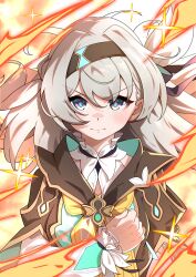 Rule 34 | &gt;:), 1girl, black choker, black shawl, cape clasp, choker, clenched hand, collar, commentary, determined, ecliygame, fire, firefly (honkai: star rail), glint, grey hair, hairband, hand on own chest, highres, honkai: star rail, honkai (series), long sleeves, looking at viewer, multicolored eyes, ribbon, shawl, simple background, solo, v-shaped eyebrows, white collar