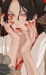 Rule 34 | 1boy, bishounen, brown eyes, brown hair, closed mouth, fingernails, flower, hands on own face, hands up, highres, japanese clothes, kagoya1219, kimono, looking at viewer, lotus, lotus pod, male focus, medium hair, original, solo, straight hair, upper body, white kimono