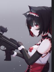 Rule 34 | 1girl, absurdres, animal ear fluff, animal ears, assault rifle, black gloves, black hair, breasts, closed mouth, commentary request, corset, elbow gloves, from side, gloves, gradient background, gun, highres, holding, holding gun, holding weapon, korean commentary, looking at viewer, maid headdress, medium breasts, medium hair, mixed-language commentary, multicolored hair, neck garter, original, peng kun, red corset, red eyes, red hair, red ribbon, ribbon, rifle, sideways mouth, sleeveless, solo, streaked hair, upper body, weapon, wrist cuffs