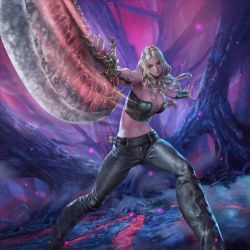 Rule 34 | 1girl, blonde hair, breasts, capcom, cleavage, devil may cry (series), large breasts, long hair, midriff, navel, official art, teppen, trish (devil may cry)
