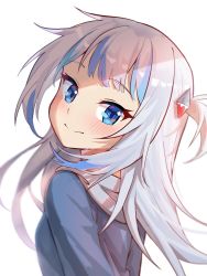 Rule 34 | 1girl, arms behind back, blue eyes, blue hair, blue hoodie, blush, gawr gura, hair ornament, head tilt, highres, hirotaka0125, hololive, hololive english, holomyth, hood, hoodie, looking at viewer, looking back, medium hair, multicolored hair, shark girl, shark hair ornament, simple background, smile, solo, streaked hair, two side up, upper body, virtual youtuber, white background