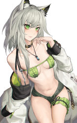 Rule 34 | 1girl, animal ears, arknights, bikini, breasts, bridal garter, commentary request, green bikini, henz, highres, kal&#039;tsit (arknights), looking at viewer, shorts, simple background, small breasts, solo, swimsuit, tagme, thighs, white background