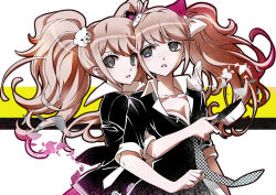 Rule 34 | 2girls, arm around another, arm around waist, arm up, badge, bear hair ornament, black background, blonde hair, blush, bow, breasts, button badge, checkered clothes, checkered neckwear, cleavage, collarbone, collared shirt, cosplay, danganronpa: trigger happy havoc, danganronpa (series), enoshima junko, enoshima junko (cosplay), freckles, grey eyes, hair bow, hair brush, hair ornament, hand at side, hand on another&#039;s shoulder, hug, ikusaba mukuro, impersonation, incest, leaning forward, leaning on person, long hair, looking at another, looking at viewer, multicolored background, multicolored clothes, multicolored headwear, multiple girls, nose, open mouth, pale skin, petals, pursed lips, rabbit hair ornament, red bow, red skirt, shirt, siblings, simple background, sisters, skirt, twincest, twins, twintails, upper body, very long hair, white background, white bow, yellow background, yuri