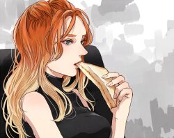 Rule 34 | 1girl, avengers: endgame, avengers (series), bare shoulders, black tank top, blonde hair, breasts, chair, commentary request, eating, fingernails, food, gradient hair, green eyes, grey background, hand up, holding, holding food, holding sandwich, large breasts, lips, long fingernails, long hair, looking to the side, marvel, marvel cinematic universe, multicolored hair, nail polish, natasha romanoff, open mouth, orange hair, pink nails, sandwich, sidelocks, simple background, sitting, solo, tank top, turtleneck, yoma