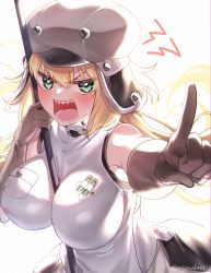 Rule 34 | 1girl, alternate breast size, artoria caster (fate), artoria caster (first ascension) (fate), artoria pendragon (fate), blonde hair, blush, breasts, dress, fate/grand order, fate (series), gloves, green eyes, grey dress, grey gloves, grey hat, hat, highres, holding, holding staff, huge breasts, long hair, looking at viewer, open mouth, pointing, pointing at viewer, sharp teeth, sleeveless, sleeveless dress, solo, staff, teeth, twintails, yayoi maka