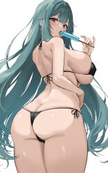 Rule 34 | 1girl, ass, bare shoulders, bikini, black bikini, blue hair, blush, breasts, butt crack, food, highres, large breasts, long hair, looking at viewer, looking back, oekakizuki, open mouth, original, popsicle, purple eyes, sideboob, skindentation, solo, standing, swimsuit, thighs, tongue, tongue out