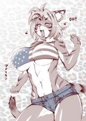 Rule 34 | 1girl, amakuchi, american flag, american flag print, american flag shirt, animal ears, blush, breasts, covered erect nipples, closed eyes, fang, flag print, furry, furry female, highres, large breasts, lipstick, makeup, navel, pubic hair, pubic hair peek, short hair, short shorts, shorts, solo, tail, tiger girl, tiger tail, underboob, whiskers