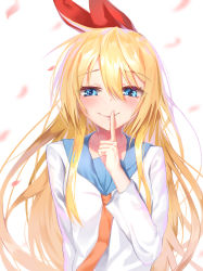 Rule 34 | 1girl, blonde hair, blue eyes, blush, closed mouth, commentary request, dongkas, finger to mouth, hair between eyes, hair ribbon, hand up, highres, kirisaki chitoge, long hair, long sleeves, looking at viewer, nisekoi, petals, red ribbon, ribbon, sailor collar, school uniform, shirt, shushing, smile, solo, upper body, white background, white shirt