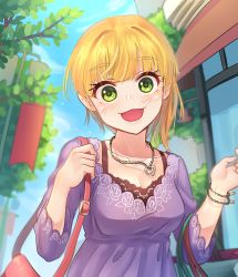 Rule 34 | 10s, 1girl, :3, absurdres, bag, blonde hair, blue sky, bracelet, breasts, building, camisole, carrying bag, cleavage, collarbone, commentary, day, dress, floral print, green eyes, heart, heart necklace, highres, idolmaster, idolmaster cinderella girls, jewelry, kamille (vcx68), long sleeves, looking at viewer, medium breasts, miyamoto frederica, necklace, open mouth, outdoors, purple dress, rose print, short hair, shoulder bag, sky, smile, solo, sparkle, tree, upper body