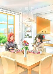 Rule 34 | 2girls, :d, black hair, bottle, bouquet, cactus, chair, collared shirt, commentary request, cover, cover page, cup, cupboard, day, dining room, eating, flower, fork, indoors, jar, jewelry, long hair, long sleeves, love live!, love live! school idol project, low-tied long hair, marimuu, mug, multiple girls, nishikino maki, open mouth, pendant, placemat, plant, plate, potted plant, purple eyes, red eyes, red hair, red scrunchie, scrunchie, shirt, smile, striped clothes, striped shirt, table, vase, window, wine bottle, yazawa nico