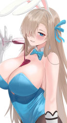 Rule 34 | 1girl, absurdres, alcohol, animal ears, arm at side, arm up, asuna (blue archive), asuna (bunny) (blue archive), bad id, bad pixiv id, bare shoulders, bburi, black pantyhose, blue archive, blue bow, blue bowtie, blue leotard, blue ribbon, blush, bow, bowtie, breasts, cleavage, commentary request, cup, detached collar, drinking glass, fake animal ears, gloves, hair over one eye, hair ribbon, hairband, highres, large breasts, leotard, light brown hair, long hair, looking at viewer, mole, mole under mouth, pantyhose, playboy bunny, pouring, pouring onto self, rabbit ears, ribbon, simple background, smile, solo, strapless, strapless leotard, traditional bowtie, very long hair, white background, white gloves, white hairband, wine, wine glass