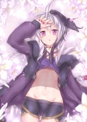 Rule 34 | 1girl, absurdres, belt, bike shorts, blurry, blurry foreground, blush, collar, commentary, cowboy shot, ekaki-ya okamoto, expressionless, flower, flower (vocaloid), fur-trimmed jacket, fur trim, gluteal fold, gynoid talk, hand on own head, hand up, highres, jacket, light blush, looking at viewer, lying, midriff, multicolored hair, navel, on back, parted lips, purple eyes, purple hair, purple jacket, purple tube top, solo, streaked hair, thigh gap, tube top, flower (gynoid talk), vocaloid, white hair