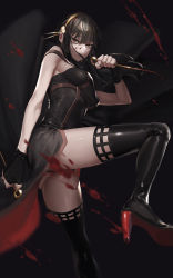 Rule 34 | 1girl, absurdres, bare arms, black background, black dress, black footwear, black hair, blood, blood on face, boots, brown eyes, dress, floating hair, flower, ghode (basashi), hair flower, hair ornament, hairband, high heel boots, high heels, highres, holding, holding weapon, shiny clothes, shiny legwear, shiny skin, short dress, short hair with long locks, sidelocks, sleeveless, sleeveless dress, solo, spy x family, thigh boots, thighs, weapon, white flower, yellow hairband, yor briar