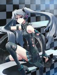 Rule 34 | 1girl, boots, detached sleeves, green eyes, grey hair, hagane miku, hagane vocaloid, hatsune miku, haya-g, ikusotsu, leather, long hair, sitting, solo, thigh boots, thighhighs, twintails, very long hair, vocaloid