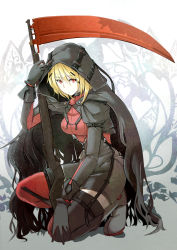 Rule 34 | 1girl, bad id, bad pixiv id, black gloves, blonde hair, boots, cibo (killy), cloak, full body, gloves, gun, hair ornament, hairclip, highres, hood, kneeling, on one knee, original, red eyes, rifle, scythe, solo, thigh boots, thighhighs, weapon