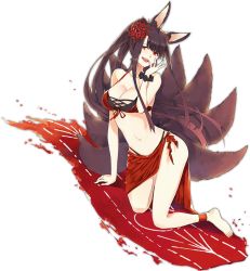 Rule 34 | 1girl, akagi (azur lane), akagi (paradise amaryllis) (azur lane), alternate costume, animal ears, artist request, azur lane, bare shoulders, bikini, black hair, breasts, cleavage, collarbone, commentary request, eyeshadow, flight deck, fox ears, fox tail, large breasts, looking at viewer, makeup, multiple tails, official art, ponytail, red eyes, scrunchie, simple background, solo, swimsuit, tail, transparent background