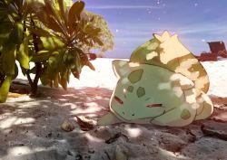 Rule 34 | animal focus, artist name, beach chair, blue sky, blush, bulbasaur, closed mouth, cloud, creatures (company), dappled sunlight, day, full body, game freak, gen 1 pokemon, half-closed eyes, light blush, light particles, lying, nintendo, no humans, on stomach, outdoors, photo background, pokemon, pokemon (creature), red eyes, sand, signature, simone di meo, sky, solo, split mouth, sunlight, tree