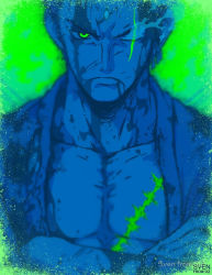 Rule 34 | 1boy, artist name, bleeding, blood, blood on face, blue theme, crossed arms, earrings, glaring, green eyes, green hair, green theme, injury, jewelry, limited palette, looking at viewer, male focus, matching hair/eyes, monochrome, one-eyed, one eye closed, one piece, open clothes, open shirt, pectorals, roronoa zoro, scar, serious, shirt, solo, sven from oz, textless version, watermark