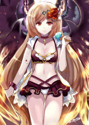Rule 34 | 1girl, bare arms, bikini, black bikini, black choker, black wings, blush, breasts, brown hair, choker, cleavage, closed mouth, collarbone, commentary request, curled horns, dark angel olivia, drawstring, feathered wings, flower, food, granblue fantasy, hair flower, hair ornament, highres, holding, holding food, horns, ice cream, ice cream cone, jacket, long hair, lunacats, navel, olivia (summer) (granblue fantasy), open clothes, open jacket, parted bangs, red eyes, red flower, shingeki no bahamut, signature, sleeveless, sleeveless jacket, small breasts, smile, solo, swimsuit, thigh gap, very long hair, white jacket, wings