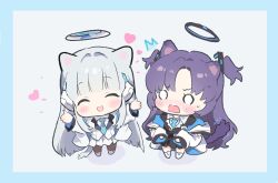 Rule 34 | 0202ase, 2girls, animal ears, black pantyhose, black skirt, blue archive, blue necktie, blush, cat ears, cat tail, chibi, closed eyes, collared shirt, full body, grey footwear, grey hair, halo, heart, highres, jacket, long hair, long sleeves, mechanical halo, multiple girls, necktie, noa (blue archive), o o, open clothes, open jacket, open mouth, pantyhose, pleated skirt, purple hair, shirt, shoes, skirt, smile, tail, two-sided fabric, two-sided jacket, two side up, white footwear, white jacket, white shirt, white skirt, yuuka (blue archive)