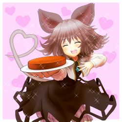 Rule 34 | 1girl, animal ears, blush, cheese, commentary request, female focus, food, heart, heart tail, ishikkoro, mouse ears, mouse tail, nazrin, open mouth, short hair, smile, solo, sparkle, tail, touhou