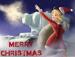 Rule 34 | 1girl, artist request, blonde hair, blush, breasts, caterpillar tracks, christmas, commentary, dated, english commentary, english text, gift bag, hat, kv-2, merry christmas, military, military vehicle, motor vehicle, night, night sky, one eye closed, original, red eyes, short hair, sky, snow, snowing, solo, tank