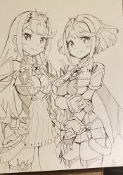 Rule 34 | 2girls, armor, bad id, bad twitter id, breasts, commentary request, earrings, gem, gloves, hair ornament, headpiece, highres, jewelry, large breasts, long hair, madanai (morisumeshi), monochrome, multiple girls, mythra (xenoblade), nintendo, pyra (xenoblade), short hair, sketch, swept bangs, tiara, xenoblade chronicles (series), xenoblade chronicles 2