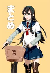 Rule 34 | 10s, 1girl, :d, bad id, bad pixiv id, basket, bicycle, bicycle basket, black hair, blue skirt, boots, commentary request, glasses, hairband, highres, hip vent, kantai collection, layered sleeves, long hair, long sleeves, looking away, looking to the side, necktie, ojipon, ooyodo (kancolle), open mouth, pleated skirt, red necktie, rimless eyewear, sailor collar, school uniform, serafuku, short over long sleeves, short sleeves, sidelocks, simple background, skirt, smile, solo, standing, tassel, thigh boots, thighhighs, zettai ryouiki