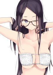 Rule 34 | 1girl, absurdres, armpits, arms up, bandeau, bare arms, bare shoulders, bikini, black-framed eyewear, black hair, blue eyes, breasts, cleavage, closed mouth, collarbone, commentary request, earrings, eyepatch bikini, floral print, forehead, glasses, highres, jewelry, large breasts, long hair, looking at viewer, nail polish, one eye closed, original, parted bangs, rucchiifu, simple background, solo, stud earrings, swimsuit, upper body, white background, white bikini