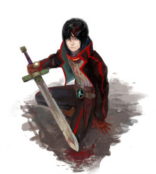 Rule 34 | 1boy, armlet, bad id, bad pixiv id, belt, black hair, blood, blood on clothes, blood stain, bloody weapon, breath of fire, breath of fire v, brown gloves, expressionless, gloves, green eyes, holding, holding sword, holding weapon, jacket, kneeling, looking at viewer, male focus, on one knee, open clothes, open jacket, pants, red gloves, ryuu (breath of fire v), short hair, simple background, solo, sweater, sword, weapon, white background