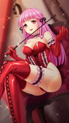 Rule 34 | 1girl, :d, black ribbon, blush, boots, braid, breasts, chair, choker, cleavage, collarbone, crossed legs, dominatrix, doukyuusei, doukyuusei another world, elbow gloves, french braid, from below, game cg, gloves, hair ribbon, highleg, highleg leotard, holding, holding whip, leotard, long hair, looking at viewer, medium breasts, official art, open mouth, pink hair, red eyes, red footwear, red gloves, red leotard, ribbon, sakuragi mai, shiny footwear, sitting, smile, solo, strapless, strapless leotard, thigh boots, thighhighs, very long hair